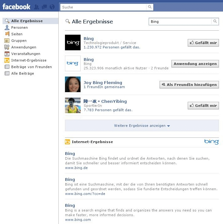 Bing Suchergebnisse bei Facebook